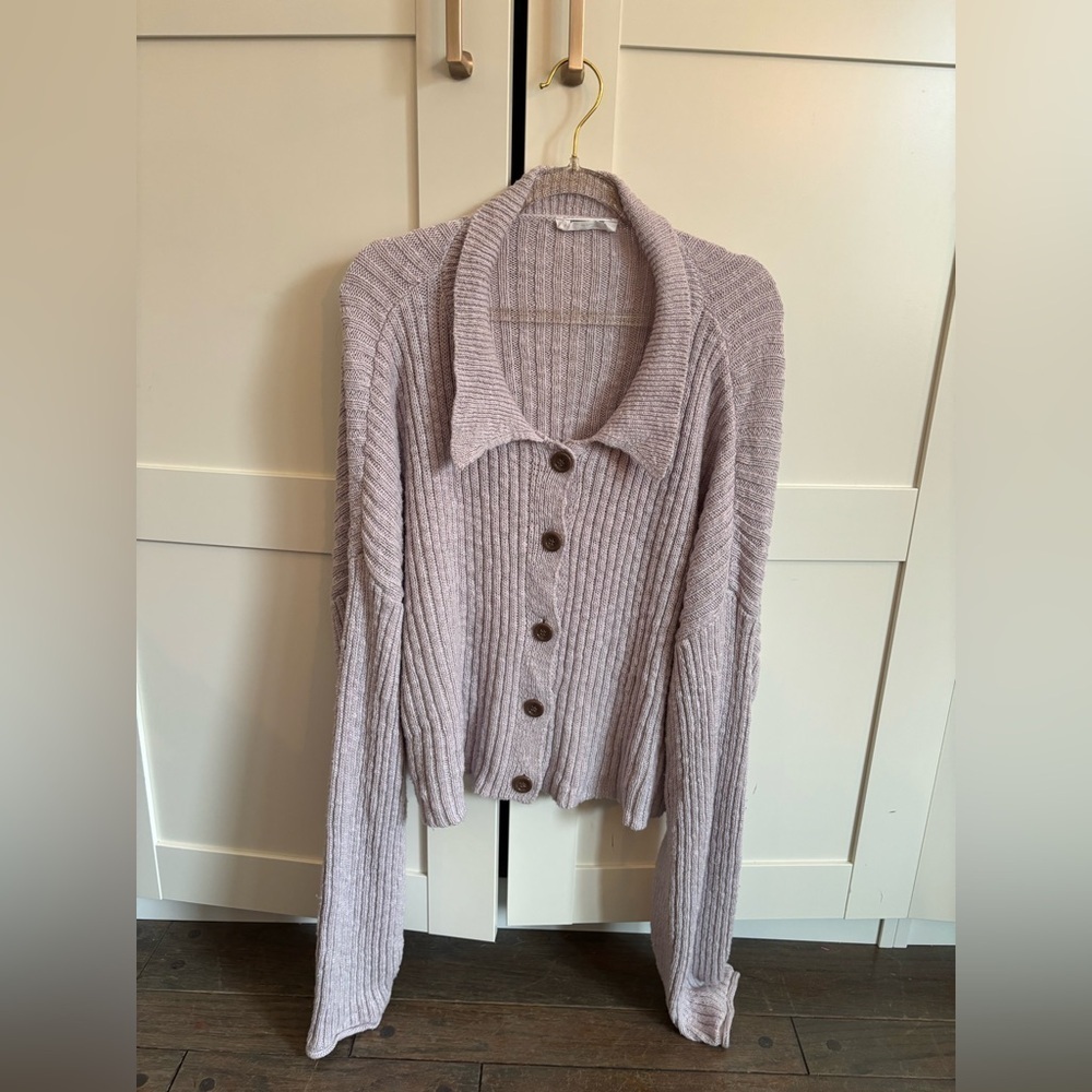 Double Zero Ribbed Button-Up Collared Cardigan in Lavender Size Large Cotton